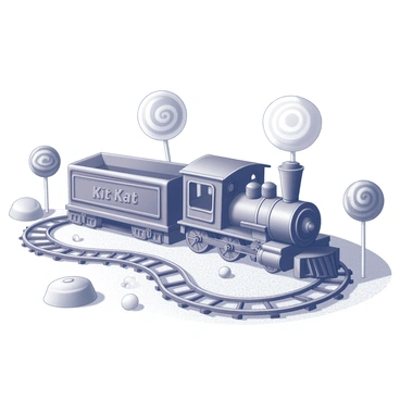 A small train is constructed entirely from KitKat bars, with each car resembling a chocolate-covered wafer. The train is set on a winding track that meanders through a fantastical landscape made of various candies. There are large gummy bears positioned near the track, while lollipop trees with swirled tops rise in the background. The ground is covered with a layer of sugar crystals, creating a sparkly effect. The scene captures the playful interaction between the train and its colorful candy surroundings.