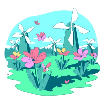 A teal field is filled with numerous windmills, each with large and vibrant flower petals functioning as blades. The flowers are in various stages of bloom, showcasing a mix of colors. The sun is shining brightly, casting shadows from the windmills onto the green grass below. The windmills are rotating gently in the breeze, and a few butterflies are fluttering around the flowers, adding a lively element to the scene. A clear blue sky is seen above, providing a vivid backdrop to the colorful windmills.