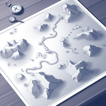 A map is spread out on a wooden table. The map depicts a winding route with various geographical features such as mountains, rivers, and forests. Along the journey, there are marked symbols that represent obstacles, such as rocky terrains or steep cliffs. In contrast, there are also icons indicating achievements, like flags or stars, placed at significant points along the path. The table surface reveals a few scattered items like an old compass and a magnifying glass, which add to the exploration theme. The overall scene conveys a sense of adventure and discovery.