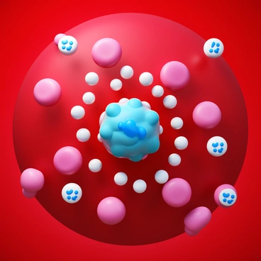 A cluster of bacteria in a vibrant color within the bloodstream. Several white blood cells are actively surrounding the bacteria, their shapes distinctly visible as they engage in the defense process. The white blood cells exhibit various forms, such as lymphocytes and neutrophils, showing their specialized roles in immune response. The background displays a rich red hue representing the blood, with a sense of movement as the cells interact with the bacteria. The scene captures the dynamic battle between the immune cells and the pathogens.