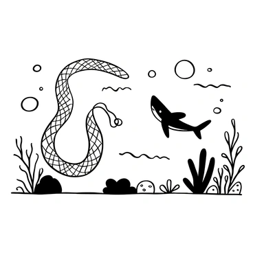 A long, sinuous sea serpent with scales depicted in intricate patterns is gliding through the water, its body twisting elegantly. Adjacent to the serpent, a sleek, powerful reef shark swims gracefully, its fin cutting through the waves. Surrounding them are various coral formations, adding texture and depth to the underwater scenery. Bubbles rise from their movements, creating a dynamic sense of motion in the marine environment. The scene captures the harmony of these two aquatic creatures navigating through their ocean habitat.