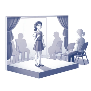 A girl performing in a small community theater. She stands confidently at center stage, wearing a simple costume that reflects the character she portrays. The stage is illuminated by soft lighting, highlighting her expressive face as she delivers her lines. In the background, a small audience watches attentively, seated in folding chairs. The set design is minimal, featuring just a few props that suggest the scene's setting. The curtains are drawn back, framing the performance space, and there are subtle details that indicate the intimacy of the venue.
