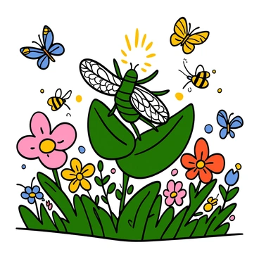 A cicada with a green body and intricate wing patterns is dancing joyfully on a vibrant green leaf. The cicada is positioned in the center of a lively garden filled with colorful flowers. Surrounding the cicada are several butterflies in various shades of blue, yellow, and pink, fluttering gracefully through the air. Bees with black and yellow stripes are buzzing nearby, collecting nectar from the flowers. Sunlight filters through the leaves, casting a warm glow over the scene, highlighting the joyful atmosphere of this bustling garden.