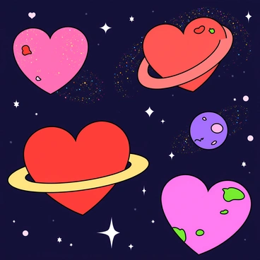 A whimsical universe filled with vibrant colors and playful shapes. In the vastness of space, there are several planets, each uniquely shaped like large, three-dimensional hearts in varying shades of pink, red, and purple. Some planets are adorned with glittering stars, all also shaped like hearts, twinkling in the background. The scene includes colorful cosmic dust swirling around, creating a sense of movement and magic. Each heart-shaped planet has distinct features, such as rings made of sparkly stardust and patches of bright green vegetation that add to the whimsical feel.
