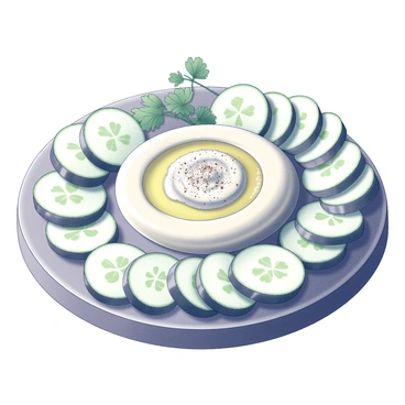 A round wooden platter displaying a generous portion of smooth, creamy "hummus" at the center. The hummus is garnished with a drizzle of olive oil and a sprinkle of spices on top. Surrounding the hummus are numerous "cucumber slices," arranged neatly in a circular pattern. The cucumbers are fresh, with a glossy surface, showcasing their textured skin. In the background, there are small sprigs of parsley adding a touch of greenery to the composition. The entire scene is well-lit, highlighting the textures and details of the food items.