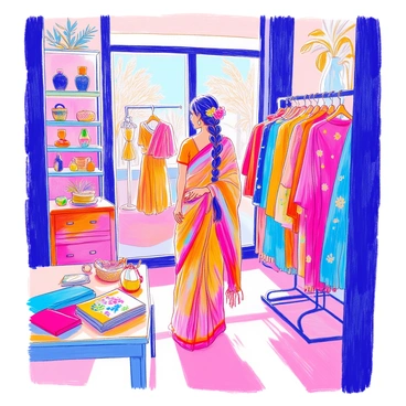 An Indian woman is standing in a trendy boutique filled with vibrant clothing racks. She is wearing a colorful, handwoven saree that elegantly drapes around her. Her hair is styled in a traditional braid adorned with fresh flowers. Surrounding her are displays of eco-friendly accessories made from natural materials. The boutique has large windows that let in soft natural light, highlighting the textures and patterns of the clothing. On a nearby table, there are fabric swatches and a few sustainable fashion magazines. The overall atmosphere combines modern aesthetics with a celebration of cultural heritage.