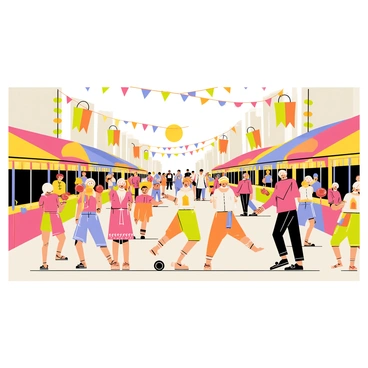 A lively cultural festival in Dubai features a bustling city street filled with people. Several groups are performing traditional dances, showcasing intricate footwork and expressive movements. Dancers are adorned in colorful attire, including flowing skirts and ornate headdresses, with vibrant patterns reflecting the rich cultural heritage. Stalls lined along the street display an array of traditional foods, sweets, and handcrafted items. Bright banners and festive decorations are hung overhead, creating a joyful atmosphere. The sun is shining brightly, illuminating the scene with warm light.