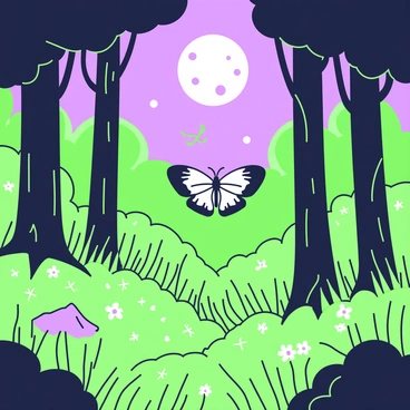 A dense forest filled with tall trees and thick foliage is illuminated by the soft glow of the moon. In the center of the scene, a "luna moth" with large, delicate wings is gracefully flying. The moonlight casts intricate shadows on the forest floor, revealing patches of grass and scattered leaves. Small flowers in the underbrush are visible, adding detail to the natural setting. In the background, the silhouettes of trees stretch upward towards the night sky, enhancing the tranquil atmosphere.