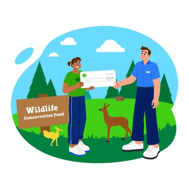 A person stands in a bright outdoor setting, holding a large check made out to a wildlife conservation fund. The individual has short brown hair and is wearing a green t-shirt with a leaf logo on it. They are smiling warmly as they hand the check to a representative who stands beside them, dressed in a casual blue shirt. In the background, there are trees and a clear blue sky, while a variety of animals, such as a deer and a bird, are visible in the lush grass, symbolizing the wildlife being protected. A sign reading "Wildlife Conservation Fund" is prominently displayed nearby.