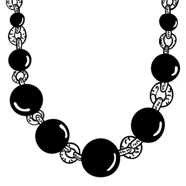 A dark, gothic-themed pearl necklace displayed prominently. The necklace features multiple black pearls intertwined with intricate silver chains. Each pearl has a smooth, reflective surface, highlighting its unique shape. The silver chains are detailed with ornate links, creating a striking contrast with the black pearls. The necklace is arranged against a textured background that enhances its dramatic appearance.