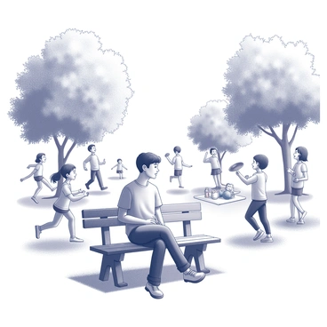 A person sitting on a park bench, appearing thoughtful and reflective. The individual is dressed in casual clothing, with their hands resting on their lap. Around them, several families are enjoying the park, engaged in various activities. One family is playing with a frisbee, while another is having a picnic on a blanket. Children are laughing and running, creating a lively atmosphere. Trees with dense foliage surround the park, with sunlight filtering through the leaves. The overall scene conveys a sense of community and warmth.