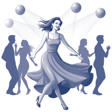 A woman is dancing joyfully in a vibrant dress that flows with her movements. Her hair is styled elegantly, and she has a bright smile on her face, radiating happiness. The scene is filled with energetic movement, as other party-goers can be seen dancing around her. Disco lights create dynamic patterns in the air, casting various shapes and forms that enhance the lively atmosphere of the dance party. The background features silhouettes of people enjoying the music, further emphasizing the celebratory mood.
