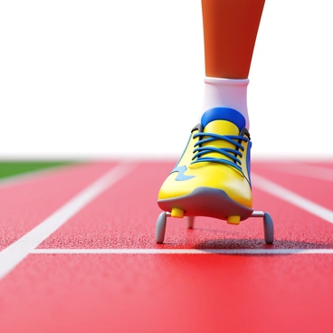 A close-up of a pair of sprinter's shoes with sleek, aerodynamic design. The shoes feature bright colors and a shiny finish. The spikes are firmly embedded into the track surface, showcasing their grip and traction. The texture of the track is visible, with rubber granules and slight scuff marks. Small details like the laces and stitching of the shoes are clearly defined. The perspective emphasizes the dynamic energy of the runner poised for action.