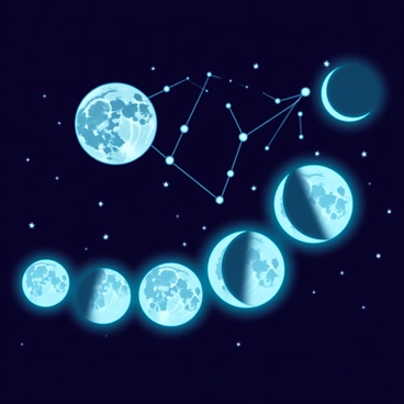 A detailed illustration showcasing the "phases of the moon" arranged sequentially from new moon to full moon, with each phase clearly defined and lit against a deep, dark backdrop. The "Gemini constellation" is prominently featured in the upper part of the image, characterized by its twin stars, Castor and Pollux, connected by faint lines representing the constellation's outline. The night sky is filled with scattered stars, twinkling in the background, enhancing the celestial theme. The overall composition creates a harmonious blend of lunar and stellar elements.