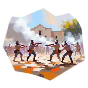 An intense battle scene unfolds with thick, swirling smoke filling the air. In the foreground, several soldiers in historical uniforms are engaged in fierce hand-to-hand combat, their expressions filled with determination and courage. Some soldiers are wielding rifles, while others brandish swords. The ground is scattered with debris from the conflict. In the background, the iconic Alamo stands prominently, its walls partially obscured by the smoke, adding to the chaotic atmosphere of the battle. The sky overhead is a mix of dark gray and hints of orange, suggesting the heat of the ongoing struggle.