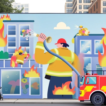 A large mural covers a city wall, showcasing the bravery of firefighters. In the center, a firefighter with dark hair and a red helmet is shown heroically holding a hose, spraying water on a tall, burning building. Surrounding him are vibrant flames depicted in shades of orange and yellow. To the left, a second firefighter, wearing a yellow helmet, is rescuing a cat from the window of the building. The background features a bright blue sky, contrasting with the intense scene of action. On the right, a fire truck with bold colors is parked with its lights flashing, adding to the dynamic atmosphere. The entire mural is filled with colorful elements that capture the courage and dedication of these first responders.