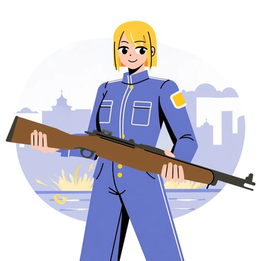 Riza Hawkeye is depicted with her short blonde hair neatly styled, wearing a military uniform that includes a fitted blue jacket and trousers. She holds a rifle steady in her hands, her finger poised near the trigger, showcasing her "precise aim." The background features a chaotic battlefield, with smoke rising and distant explosions, yet she stands "calm and composed." The expression on her face reflects focus and determination, emphasizing her professional demeanor amidst the surrounding chaos.