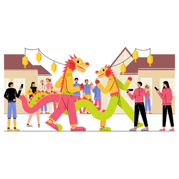 A barongsai dance is being performed in a quaint village square. The dancers are wearing colorful costumes featuring a large dragon head, vibrant scales in shades of red, yellow, and green, and flowing fabric tails. The square is lined with traditional houses, showcasing wooden beams and tiled roofs. Lanterns hang from the eaves of the houses, adding festive decoration. People are gathered around the square, some clapping and cheering, while others are capturing the moment on their phones. The atmosphere is lively and filled with energy, as the dancers perform intricate movements in front of the captivated audience.