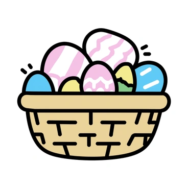 A wicker basket overflowing with pastel-colored Easter eggs and chocolates