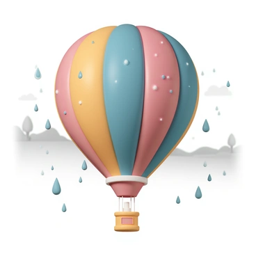 A colorful gas balloon, featuring a vibrant mix of red, blue, and yellow, is navigating through a gentle rain. The balloon's surface glistens with numerous raindrops, which create a sparkling effect as they cling to it. The background shows a soft gray sky, with faint outlines of trees and distant hills blurred by the falling rain. Each droplet reflects the colors of the balloon, enhancing its vivid appearance against the muted backdrop.