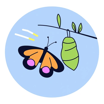 A butterfly with vibrant orange and black wings is emerging from a green chrysalis. The chrysalis is hanging from a thin branch, surrounded by small green leaves. The butterfly is positioned mid-flight, flapping its wings as it ascends toward a clear blue sky. Sunlight is shining on the butterfly, making its wings appear even more radiant as it moves away from the chrysalis.
