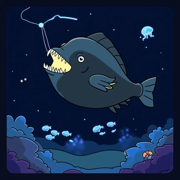 A large anglerfish with an exaggerated, bulbous head and wide mouth, glowing with a bright bioluminescent light in the dark ocean. Its body is dark and textured, featuring long, sharp teeth. The anglerfish has a luminous lure extending from its forehead. Surrounding it are various deep-sea creatures, including a small translucent jellyfish drifting nearby, a school of small glowing fish darting around, and a pair of curious eyes peeking from the shadows. The scene is illuminated by the glow from the anglerfish and the other creatures, creating an enchanting underwater atmosphere.