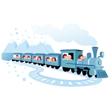 A train is moving along a track that winds through a snowy mountain landscape. The mountains are covered in a thick blanket of snow, creating a serene white backdrop. The train has several carriages and emits steam from its engine. Inside the train, children are peering out of the windows, watching the snowflakes gently falling outside. The scene captures the wonder of the children as they experience the winter landscape, with the snowflakes creating a delicate, swirling effect around the train.