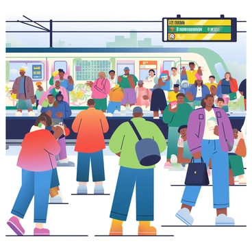 A busy subway station in Gotham City is filled with numerous commuters. People of various ethnicities and ages are standing on the platform, waiting for the train. Some are absorbed in their smartphones, while others are engaged in conversations. The walls of the station are covered in vibrant graffiti art, featuring different colors and styles that convey the urban atmosphere. The overhead signs display train schedules, and a few commuters are holding bags and briefcases. The tracks are visible in the background, with a train approaching, its lights illuminating the scene.