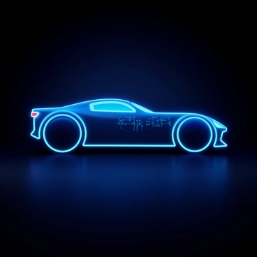 A futuristic car silhouette featuring sleek, aerodynamic shapes. The car is outlined with glowing lines in a neon blue color. Digital elements are integrated into the design, including circuit patterns and holographic displays. The background is dark to enhance the brightness of the glowing features. The overall composition creates a sense of speed and advanced technology.