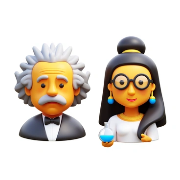 A 3D icon of "Albert Einstein" with wild gray hair and a thoughtful expression, wearing a gray suit and black bow tie. A 3D icon of "Marie Curie" with dark hair in a bun, wearing a vintage dress and holding a chemistry flask. A 3D icon of "Mahatma Gandhi" with round glasses and a peaceful smile, dressed in simple white robes. A 3D icon of "Cleopatra" with long black hair adorned with golden accessories, wearing an elegant Egyptian gown and a dramatic headdress.
