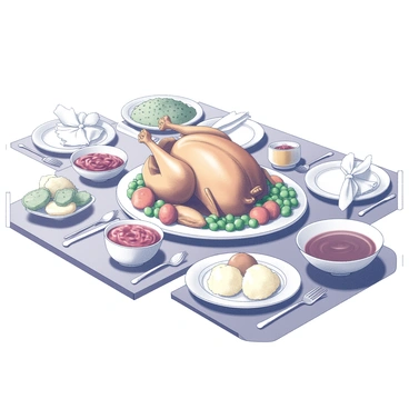 A family dining table is set for a Sunday roast meal. In the center, a large platter holds a golden-brown roasted chicken, with crispy skin and juicy meat. Surrounding the chicken are various side dishes, including fluffy mashed potatoes, bright green peas, and roasted root vegetables. A bowl of rich gravy sits nearby, alongside a dish of vibrant cranberry sauce. Each place setting features a neatly folded cloth napkin and gleaming silverware. The atmosphere is warm and inviting, with soft lighting highlighting the delicious spread.