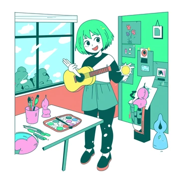 A character with short green hair is standing in a lively room filled with various quirky hobbies. The walls are decorated with bright teal posters of different art styles. In one hand, the character holds a vibrant yellow ukulele, while the other hand gestures towards a white table covered with colorful paints, brushes, and canvases. Next to the table, there is a display of unique handmade crafts, including a pink figurine and a blue sculpture. The character wears a playful outfit with mismatched patterns that reflect their creative personality. A large window reveals a sunny day outside, casting cheerful light into the room.