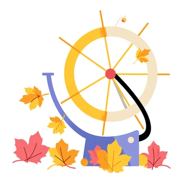A large, colorful spinning wheel, prominently displayed in the center of the image, has intricate details and vibrant colors, reflecting its craftsmanship. Surrounding the wheel are various autumn leaves in shades of orange, red, and yellow, scattered across the ground. Some leaves are gently swirling through the air, caught in a light breeze, while others rest on the wheel itself, highlighting the seasonal change. The background is filled with soft, muted colors, suggesting a serene autumn day.