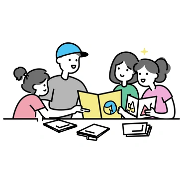 A family of four sitting around a table, engaged in a lively discussion. The father, wearing a blue baseball cap and a gray t-shirt, points to a bright "map" laid out on the table. The mother, in a green blouse, is holding a "travel book" with colorful images. Two children, a boy with short brown hair in a red t-shirt and a girl with pigtails in a pink dress, lean in closely, looking at the map with expressions of excitement. The table is cluttered with "illustrated maps" and open "travel books," creating a vibrant scene of planning their next adventure.