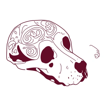 A white dog skull is positioned centrally, showcasing intricate decorative patterns carved into its surface. The patterns feature swirling lines and geometric shapes that wrap around the skull, highlighting its contours. The eye sockets are deep-set, providing a striking contrast to the ornate carvings. The jaws are slightly open, revealing a glimpse of the lower jaw, enhancing the detailed craftsmanship. The background is simple, allowing the focus to remain solely on the beautifully carved dog skull.