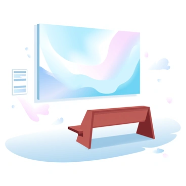 A bench placed in front of a large painting in an art gallery