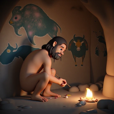 A Neanderthal, with robust features and long hair, is crouched down in a dimly lit cave, focused on painting. The walls of the cave are adorned with vivid depictions of majestic animals such as a large mammoth, a powerful bison, and a running stag. The Neanderthal is using a rudimentary brush made from twigs and natural pigments. His expression is concentrated, showcasing his dedication to the artwork. The cave interior is rocky, with shadows cast from a small fire flickering nearby, illuminating parts of the cave walls where the art is displayed.