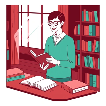 A teal book collector stands in a cozy private library filled with shelves lined with books of various sizes and colors. The collector is wearing a pair of round glasses and has an expression of delight as they carefully hold a "rare first edition" book in their hands. Sunlight streams in through a large window, casting a warm glow on the wooden table beside them, which is adorned with an open "antique book" resting on a "leather-bound journal." The library features a rich red color scheme, with dark wood accents throughout the room.