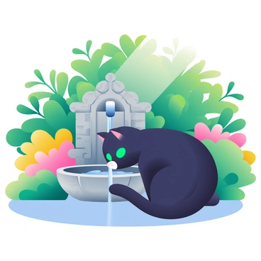 A black cat with shiny fur is drinking from a stone fountain in the center of a lush garden. The fountain is made of weathered gray stone, with water gently flowing from its spout into a small basin. Surrounding the fountain are vibrant green plants, colorful flowers in shades of pink and yellow, and leafy bushes that create a dense backdrop. The sunlight filters through the leaves, casting dappled shadows on the ground. The cat is crouched low, with its head tilted down towards the water, and its bright green eyes are focused on the flowing stream.