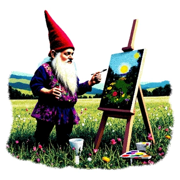 A gnome artist with a long white beard is standing in a vibrant meadow, focused on painting a landscape on a tiny easel. The gnome is wearing a pointy red hat and a colorful tunic. He holds a paintbrush in one hand, with a palette of colors in the other. The meadow is filled with various flowers and tall grass, providing a lively backdrop. The easel is surrounded by a few scattered paint tubes. In the distance, rolling hills and a clear sky are visible, enhancing the serene setting for the gnome's creative work.