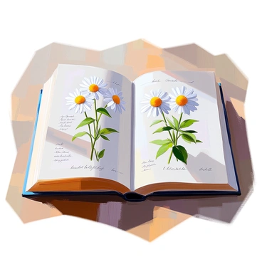 An open botanical book lies on a wooden surface, displaying detailed illustrations of chamomile plants. The pages feature vibrant depictions of the chamomile flowers, showcasing their white petals and yellow centers. Handwritten notes are scattered around the illustrations, providing insights into the plant's characteristics and uses. The book has a slightly weathered appearance, suggesting it has been used frequently for study. Light casts gentle shadows on the pages, enhancing the textures of the paper and the intricate drawings.