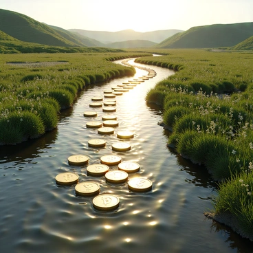 A flowing river composed entirely of liquid bitcoins, with shiny gold coins creating ripples across the surface as they move with the water. The riverbank is lined with lush green grass and wildflowers, contrasting with the bright metallic sheen of the bitcoin liquid. The sun reflects off the surface of the river, creating sparkling highlights that enhance the sense of movement and fluidity. In the background, there are distant hills that frame the scene, providing depth and context to the flowing river of bitcoins.