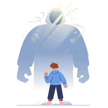 A character with short brown hair and wearing a blue hoodie stands facing a giant shadow that appears ominous and dark, symbolizing their fears. The shadow looms large with various distorted shapes within it, representing different challenges. The character's expression is determined and focused, with their fists clenched at their sides. Rays of light are breaking through the shadow, illustrating the theme of courage and the struggle to overcome obstacles. The ground beneath the character is uneven, symbolizing the difficult path they must navigate.