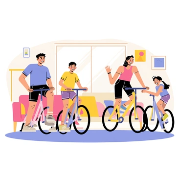 A family of four is happily engaged in an indoor cycling session in their cozy living room. The father, wearing a blue workout shirt and black shorts, is riding a stationary bike with a big smile. The mother, in a pink tank top and matching leggings, is pedaling alongside him, looking cheerful. Two children, a boy in a yellow t-shirt and shorts, and a girl in a purple outfit, are on their bikes, giggling and having fun. In the background, there are colorful wall decorations and a plush couch, creating a warm and inviting atmosphere. Bright sunlight is streaming through the windows, illuminating their joyful expressions.