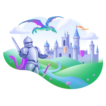A vibrant scene of a fantasy kingdom with castles, dragons, and knights in a whimsical setting.