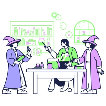 A group of young wizards in robes is practicing spells inside a large classroom at a magical school. There are three wizards; one has a blue robe, another wears a green robe, and the last one is dressed in purple. They are standing around a large wooden table filled with open books and various potion bottles of different shapes and sizes. One wizard is pointing a wand at a floating book, while another is mixing a potion in a bubbling cauldron. Shelves filled with ancient texts and glass jars containing magical ingredients line the walls. Light comes from several glowing orbs suspended from the ceiling, illuminating the scene.