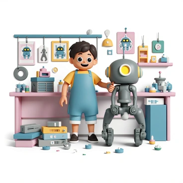 A busy workshop where a toyotaro character is assembling a robot