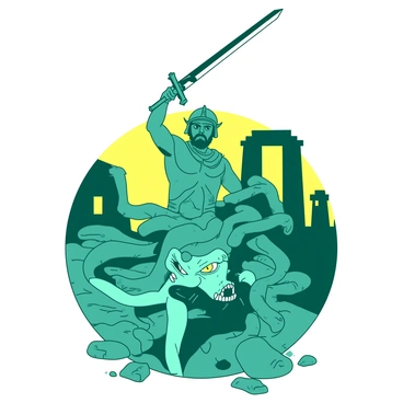 A teal Perseus is standing confidently, wielding a shiny silver sword raised high above his head. He is wearing a bronze helmet and has a determined expression on his face. In front of him, a fierce Medusa with flowing green snakes for hair is glaring, her eyes illuminated with a menacing glow. The ground beneath them is rocky, scattered with fragments of stone. Behind Medusa, shadows of ancient ruins are faintly visible, suggesting a mythological setting. A vibrant yellow light surrounds the scene, highlighting the intensity of the battle.