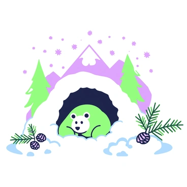 A cozy winter scene features a bear hibernating in a den. The bear is resting peacefully, surrounded by soft, fluffy snow that blankets the entrance of the den. The interior of the den is illuminated by a soft glow, highlighting the bear's rounded shape and fur texture. Nearby, a few scattered pinecones and evergreen branches are visible, framing the entrance. Outside the den, snowflakes gently fall from the sky, accumulating on the ground. A distant mountain range is partially visible through the trees, adding depth to the serene environment.