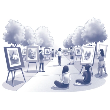 An outdoor university campus art walk featuring several student illustrations displayed on easels and boards. The illustrations depict a variety of subjects, including landscapes, abstract themes, and portraits. Students and visitors stroll along a paved path, engaging with the artwork and discussing the pieces. The setting includes trees lining the walkway and grassy areas where groups of students sit and admire the art. Some students are sketching their interpretations of the illustrations, while others take photographs. The sky is clear, creating a bright atmosphere for the event.